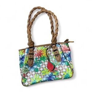 Rosetti Tropical Floral Geometric Shoulder Bag Braided‎ Handles Tan Multi-Pocket